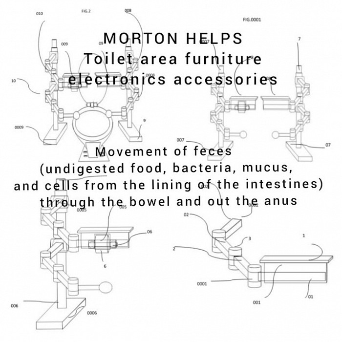 MORTON HELPS Toilet area furniture accessories (MORTON HELPS) innovation idea may assist in Movement of feces (undigested food, bacteria, mucus, and cells from the lining of the intestines) through the bowel and out the anus by MORTON HELPS electronic ABDOMINAL VIBRATOR comfortability elevation of forearms rest subject not limiting to additional structure potential metric range inventor Jermaine Morton design