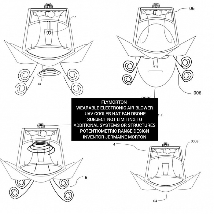 FLYMORTON WEARABLE ELECTRONIC AIR BLOWER UAV COOLER HAT FAN DRONE SUBJECT NOT LIMITING TO ADDITIONAL SYSTEMS OR STRUCTURES POTENTIOMETRIC RANGE DESIGN INVENTOR JERMAINE MORTON