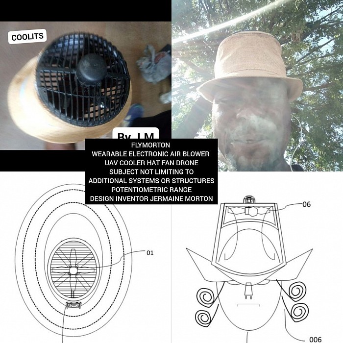 FLYMORTON WEARABLE ELECTRONIC AIR BLOWER UAV COOLER HAT FAN DRONE SUBJECT NOT LIMITING TO ADDITIONAL SYSTEMS OR STRUCTURES POTENTIOMETRIC RANGE DESIGN INVENTOR JERMAINE MORTON